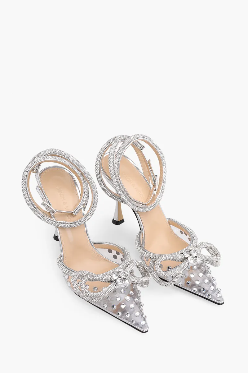 MACH & MACH All Over Crystal Double Bow PVC Ankle Strap Pumps 100mm in Transparent/Silver 1