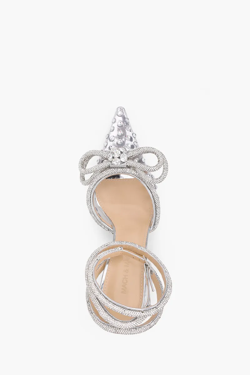 MACH & MACH All Over Crystal Double Bow PVC Ankle Strap Pumps 100mm in Transparent/Silver 3