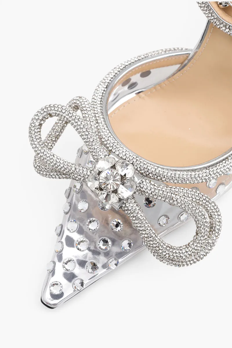 MACH & MACH All Over Crystal Double Bow PVC Ankle Strap Pumps 100mm in Transparent/Silver 4