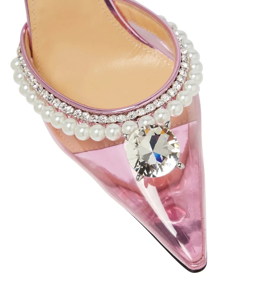 MACH & MACH Women Pearls x Diamonds of Elizabeth Ankle Strap PVC Pumps 110mm in Transparent Pink 3