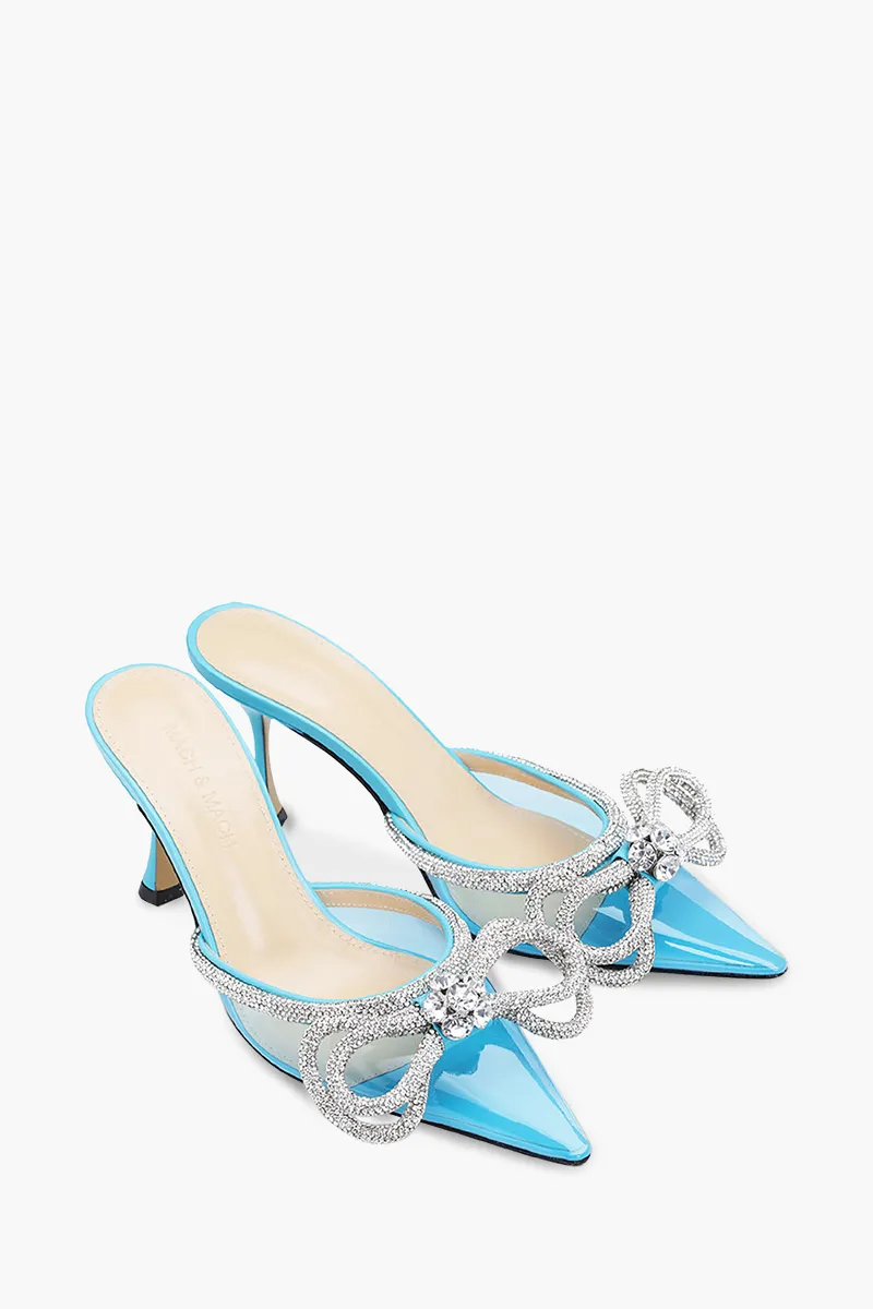 MACH & MACH Women Crystal Double Bow Pointed Toe PVC Mules 85mm in Cruise Blue 1
