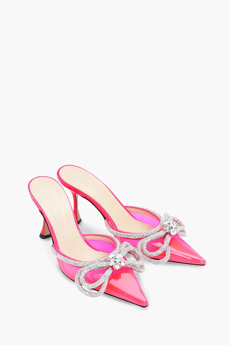 MACH & MACH Women Crystal Double Bow Pointed Toe PVC Mules 85mm in Pink 1