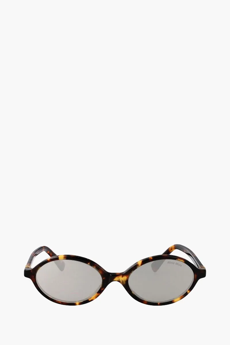 MIU MIU Oval Sunglasses in Tortoise/Light Grey Acetate with Logo Embellishes 0