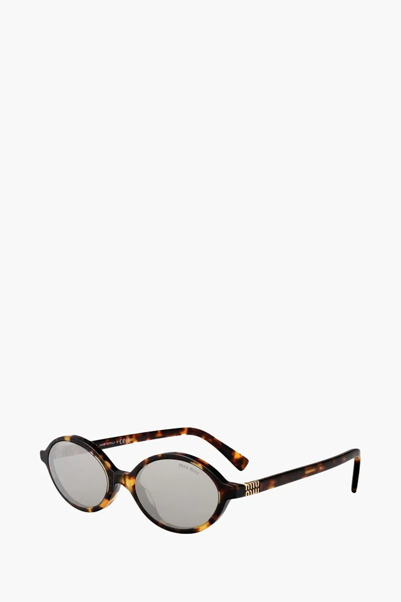 MIU MIU Oval Sunglasses in Tortoise/Light Grey Acetate with Logo Embellishes 1