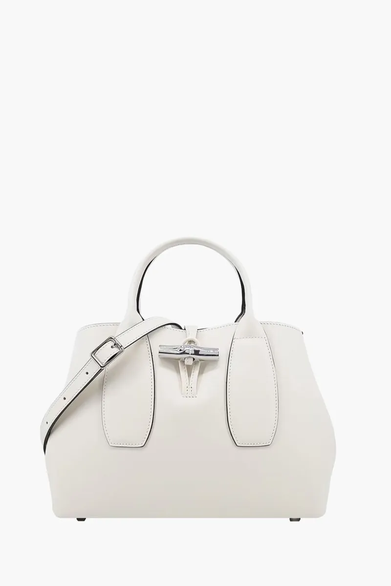 LONGCHAMP Medium Roseau Top Handle Bag in Ecru Leather with Adjustable Strap 0