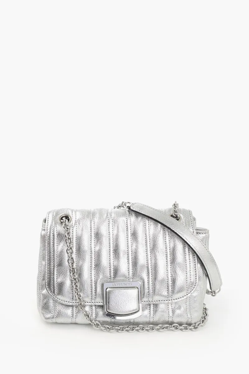 LONGCHAMP Small Brioche Metal Crossbody Bag in Silver Leather 0