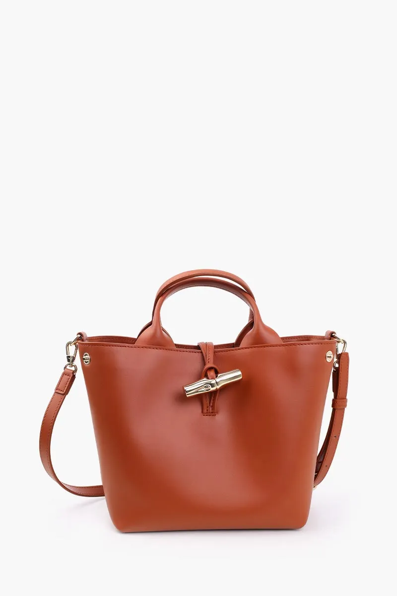 LONGCHAMP Small Le Roseau Top Handle Bag in Bark Smooth Silky Leather with Adjustable Shoulder Strap 1