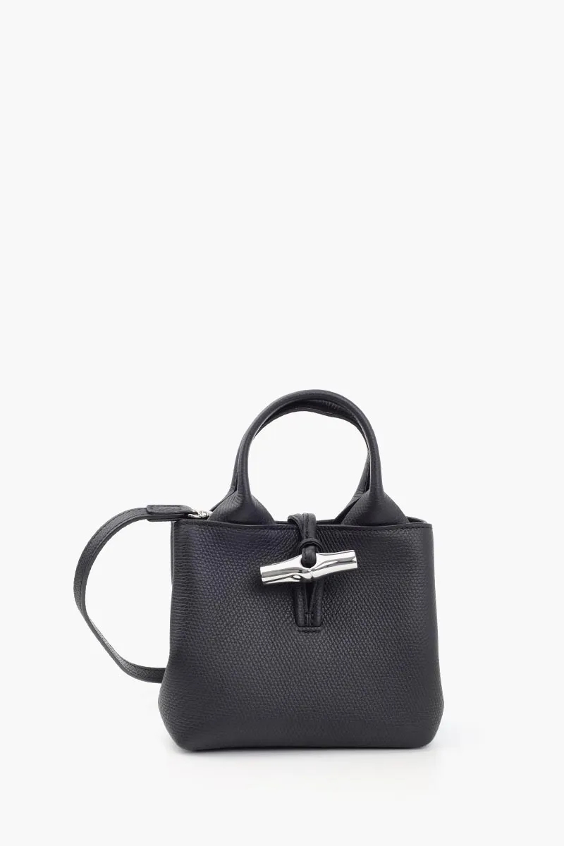 LONGCHAMP XS Le Roseau Top Handle Bag in Black Grained Leather with Adjustable Shoulder Strap 0