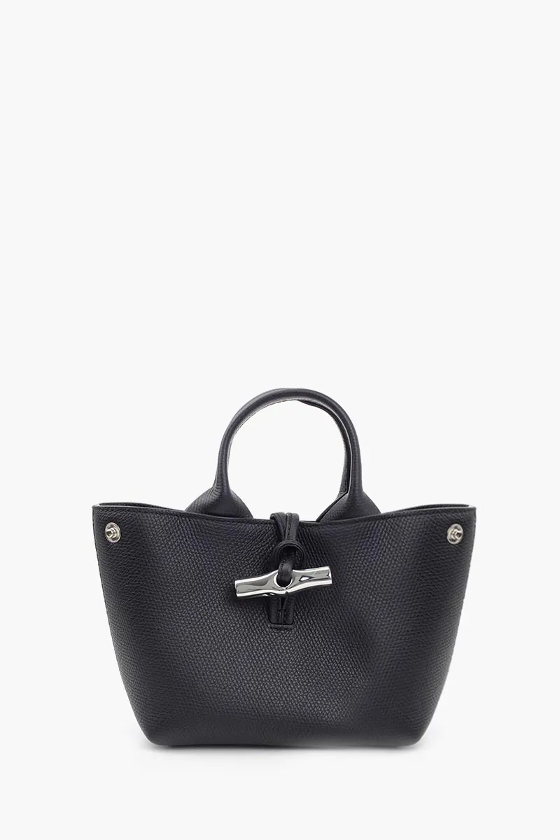 LONGCHAMP XS Le Roseau Top Handle Bag in Black Grained Leather with Adjustable Shoulder Strap 1