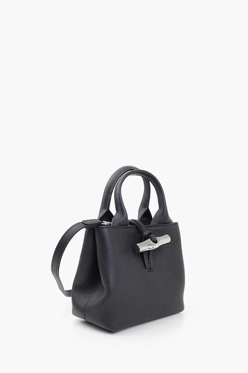 LONGCHAMP XS Le Roseau Top Handle Bag in Black Grained Leather with Adjustable Shoulder Strap 2