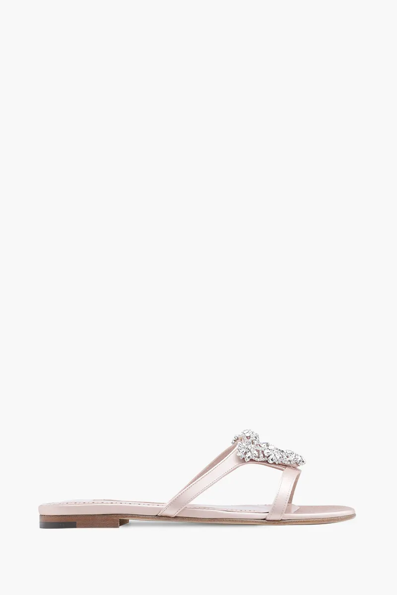 MANOLO BLAHNIK Trinamu Triangular Embellished Flat Mules in Dark Nude Satin with White Crystal 0