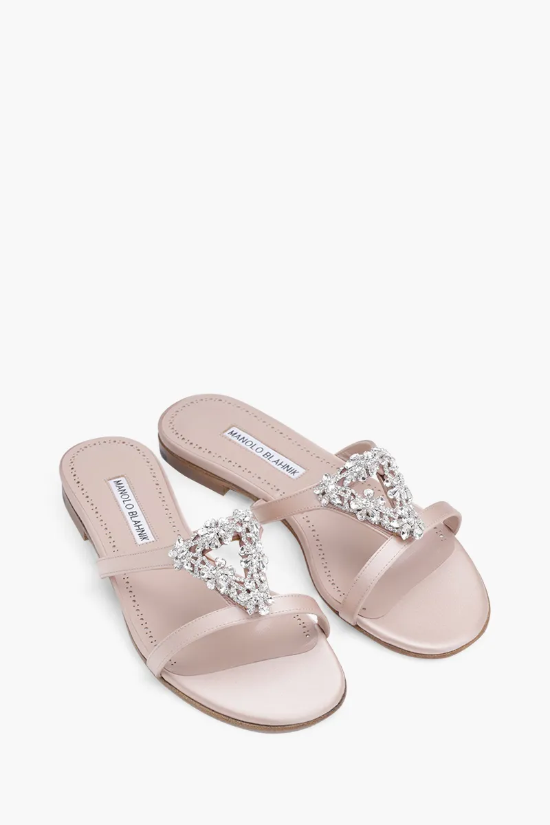 MANOLO BLAHNIK Trinamu Triangular Embellished Flat Mules in Dark Nude Satin with White Crystal 1