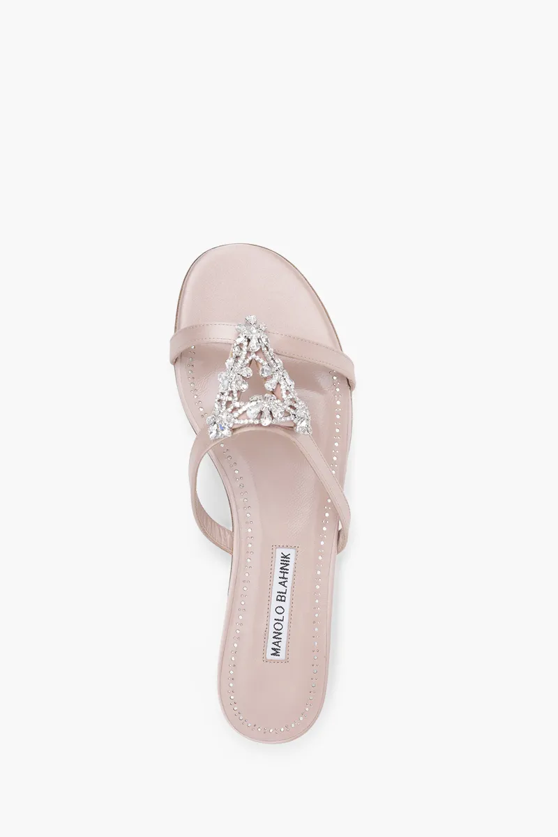 MANOLO BLAHNIK Trinamu Triangular Embellished Flat Mules in Dark Nude Satin with White Crystal 3
