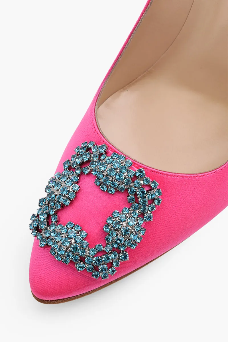 MANOLO BLAHNIK Hangisi 10.5cm Pumps in Bright Pink Satin with Blue Crystal 4