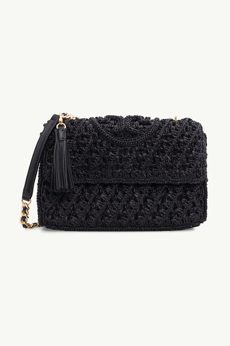 TORY BURCH Fleming Raffia Convertible Shoulder Bag in Black with Rolled Brass Hardware 0