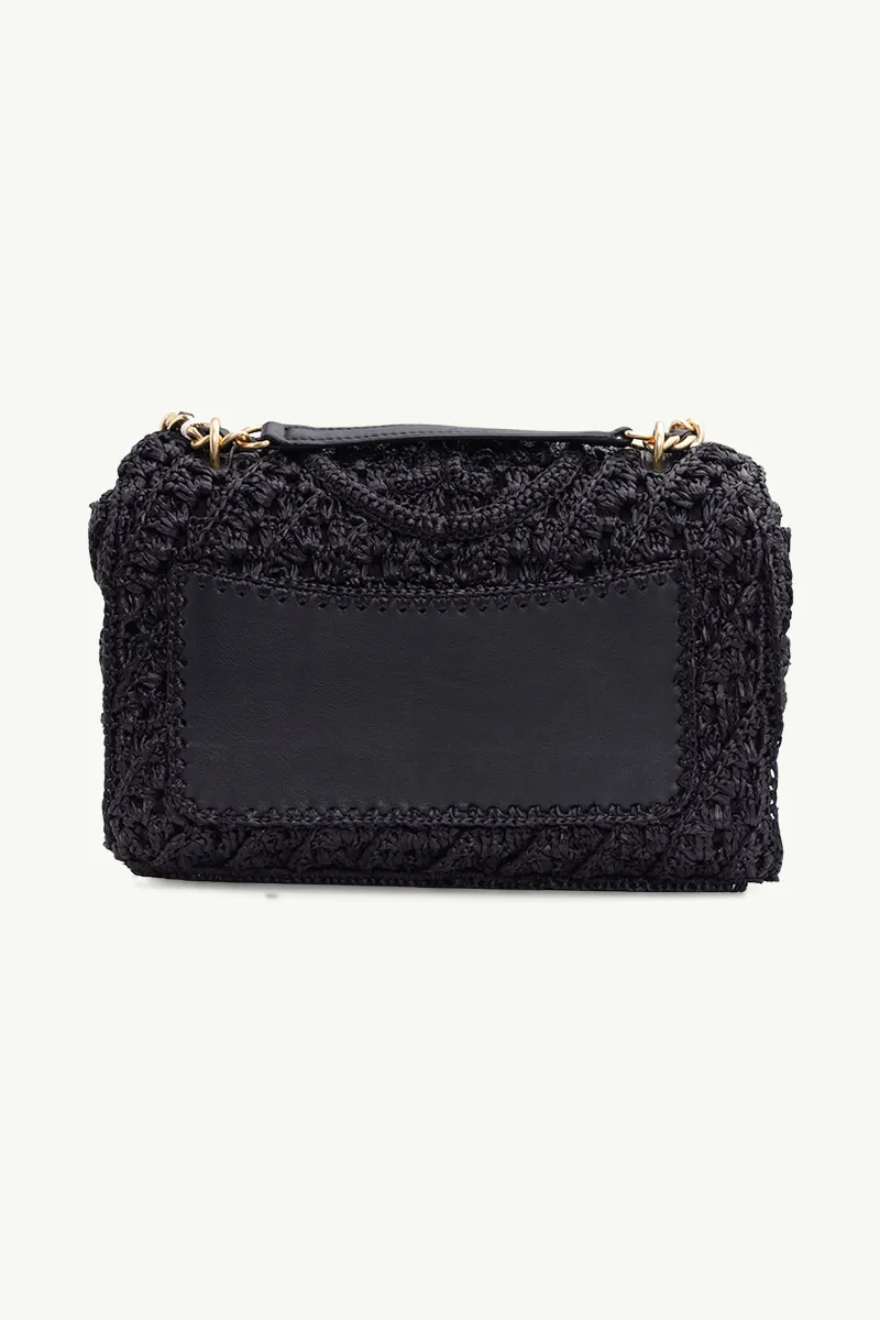 TORY BURCH Fleming Raffia Convertible Shoulder Bag in Black with Rolled Brass Hardware 1
