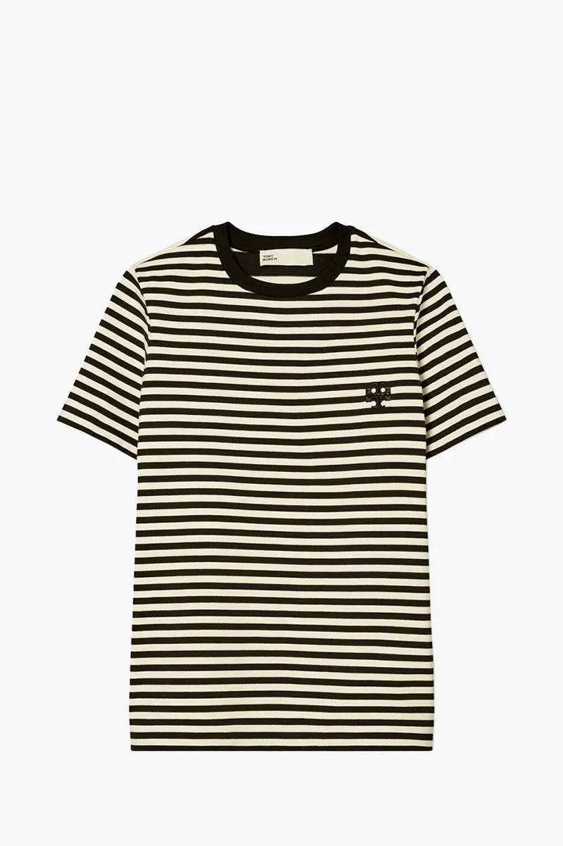 TORY BURCH Women Embroidered Logo Stripe T-Shirt in Black/White 0