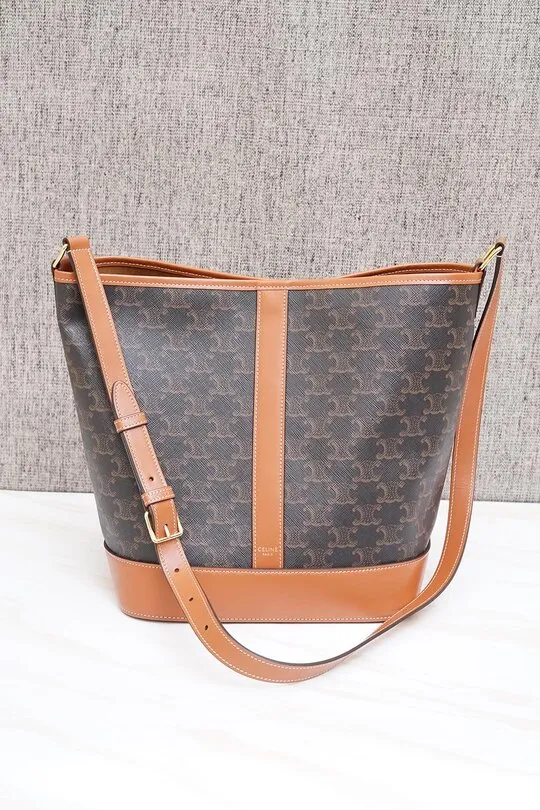 CELINE Medium Triomphe Bucket Bag in Black/Tan Canvas x Calfskin 0