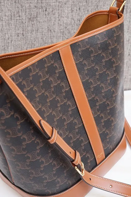 CELINE Medium Triomphe Bucket Bag in Black/Tan Canvas x Calfskin 1