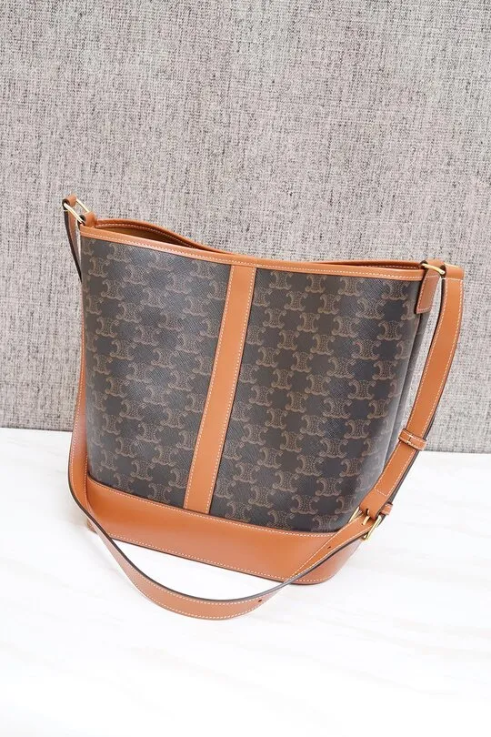 CELINE Medium Triomphe Bucket Bag in Black/Tan Canvas x Calfskin 2