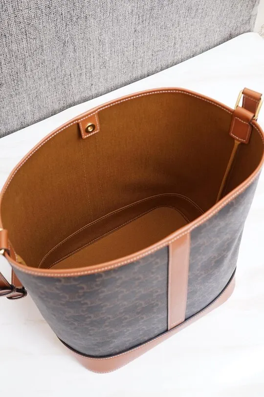CELINE Medium Triomphe Bucket Bag in Black/Tan Canvas x Calfskin 3