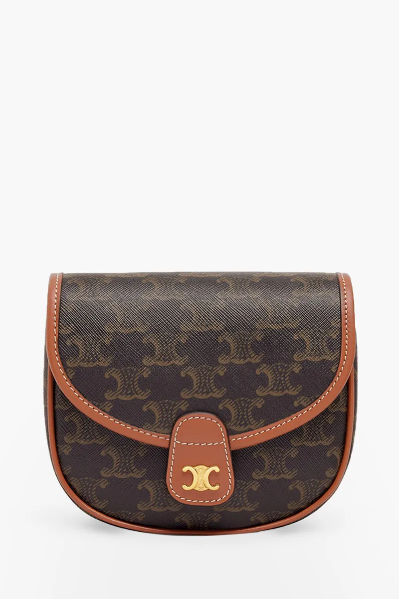 CELINE Mini Triomphe Besace Bag in Tan Canvas and Calfskin 0