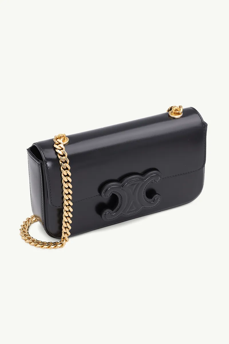 CELINE Cuir Triomphe Flap Chain Shoulder Bag in Black Shiny Calfskin 2