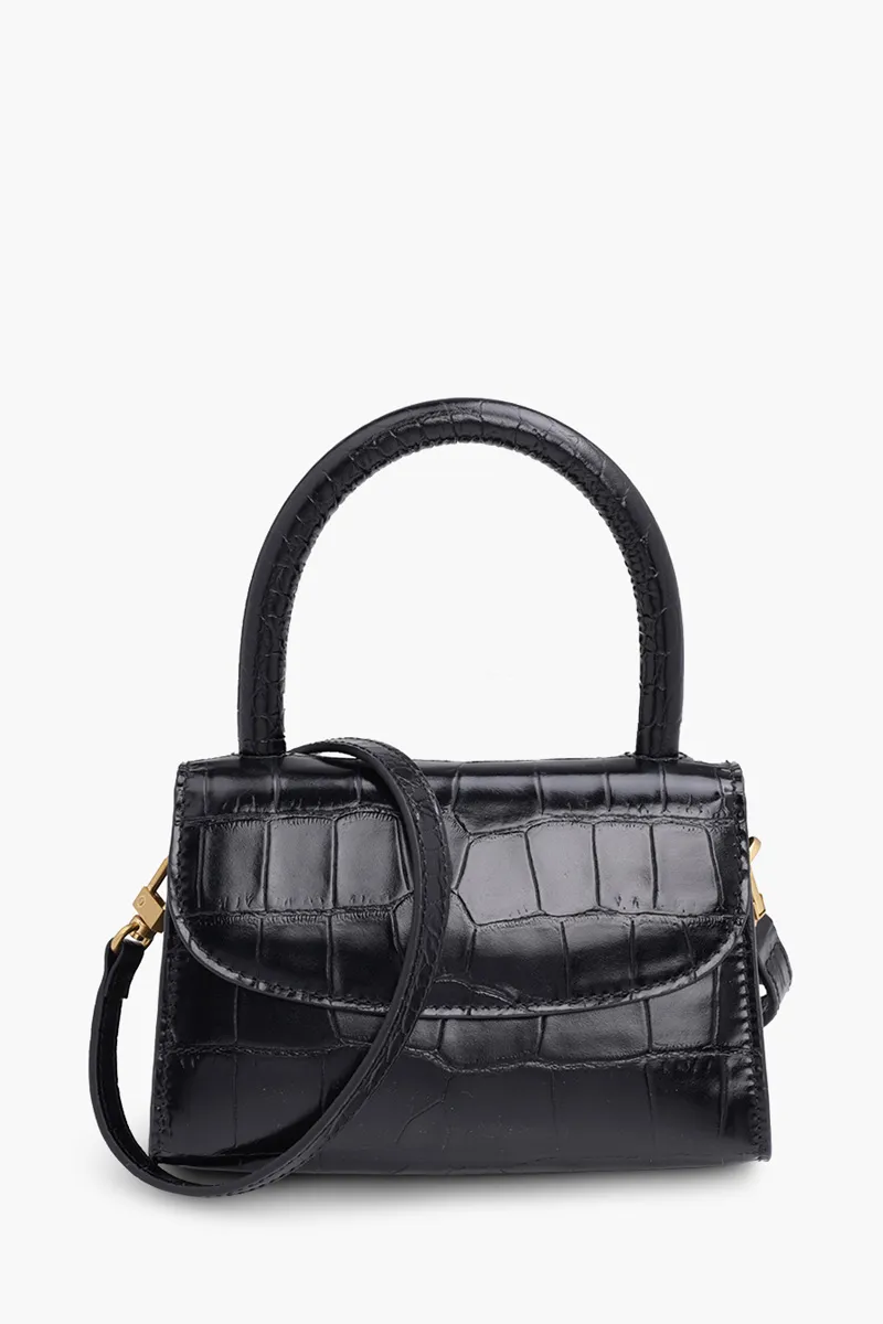 BY FAR The Mini Handbag in Black Croco Embossed Leather 0