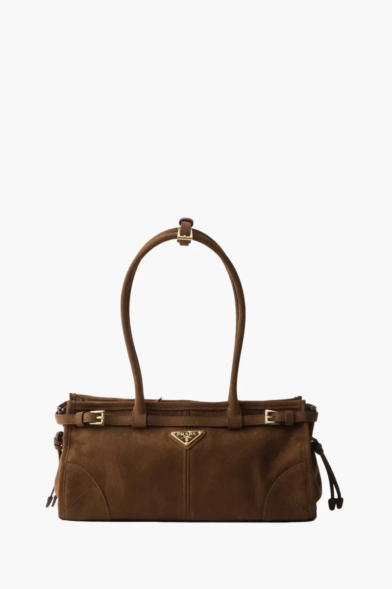PRADA Medium Bonnie Enameled Metal Triangle Logo Handbag in Cocoa Brown Nubuck Leather 0