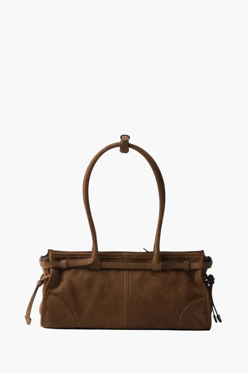 PRADA Medium Bonnie Enameled Metal Triangle Logo Handbag in Cocoa Brown Nubuck Leather 1