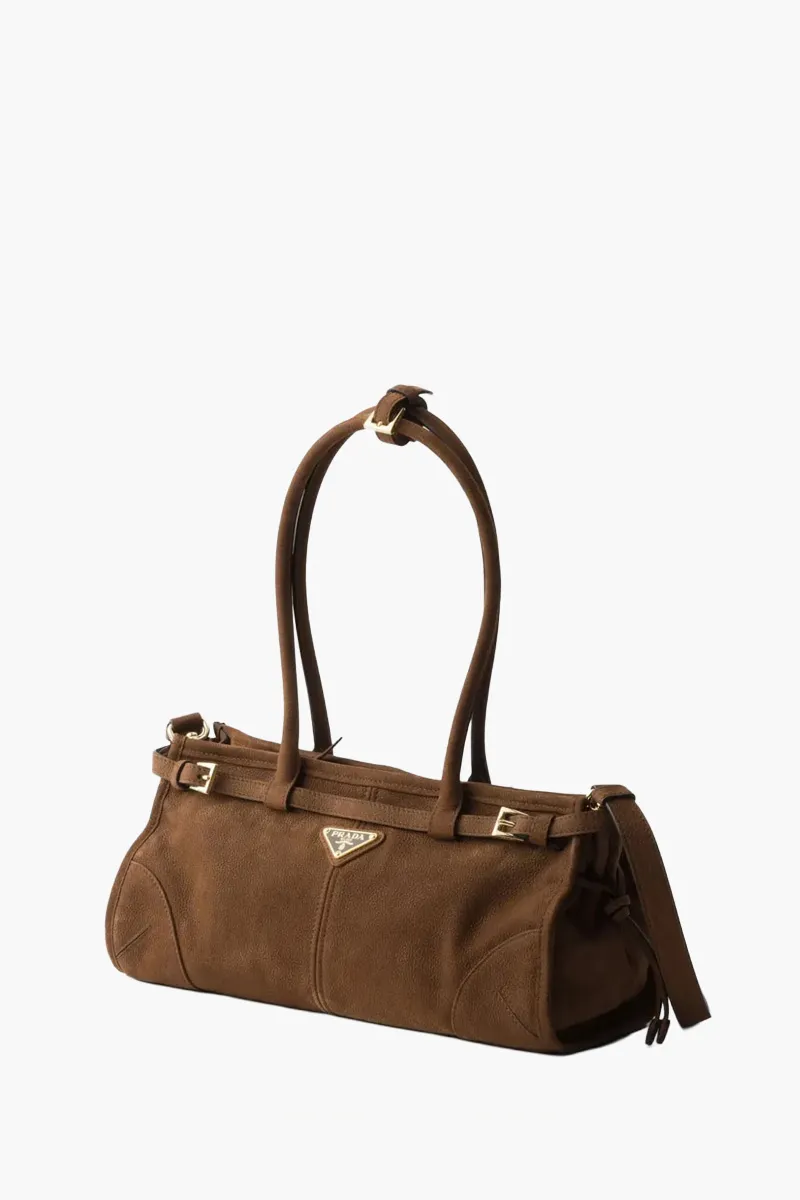 PRADA Medium Bonnie Enameled Metal Triangle Logo Handbag in Cocoa Brown Nubuck Leather 2