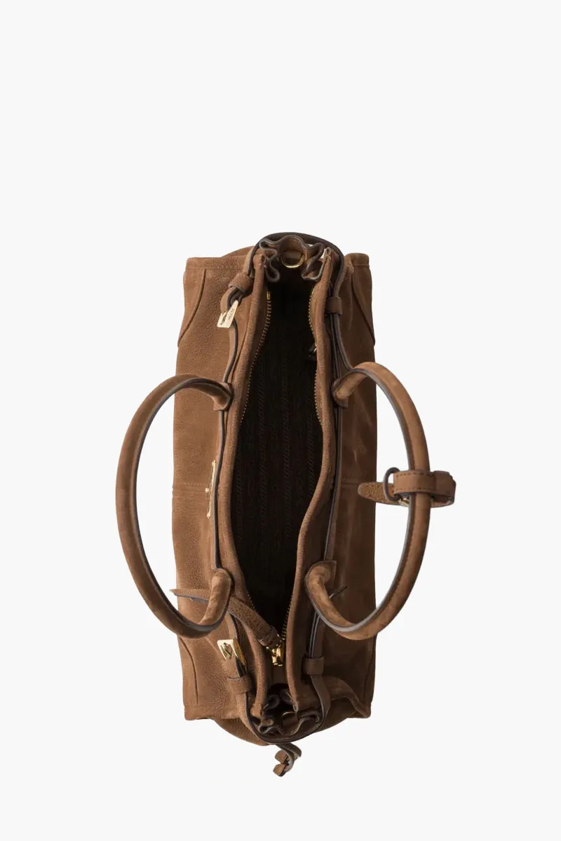 PRADA Medium Bonnie Enameled Metal Triangle Logo Handbag in Cocoa Brown Nubuck Leather 3