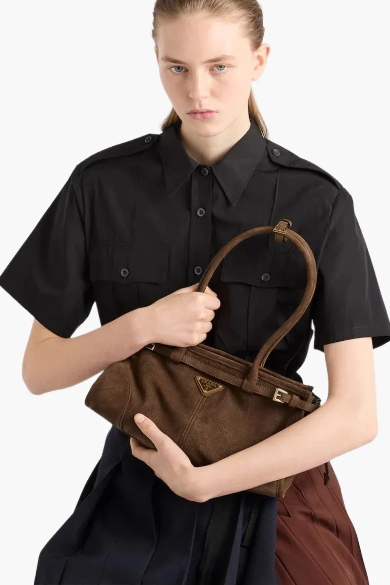 PRADA Medium Bonnie Enameled Metal Triangle Logo Handbag in Cocoa Brown Nubuck Leather 4