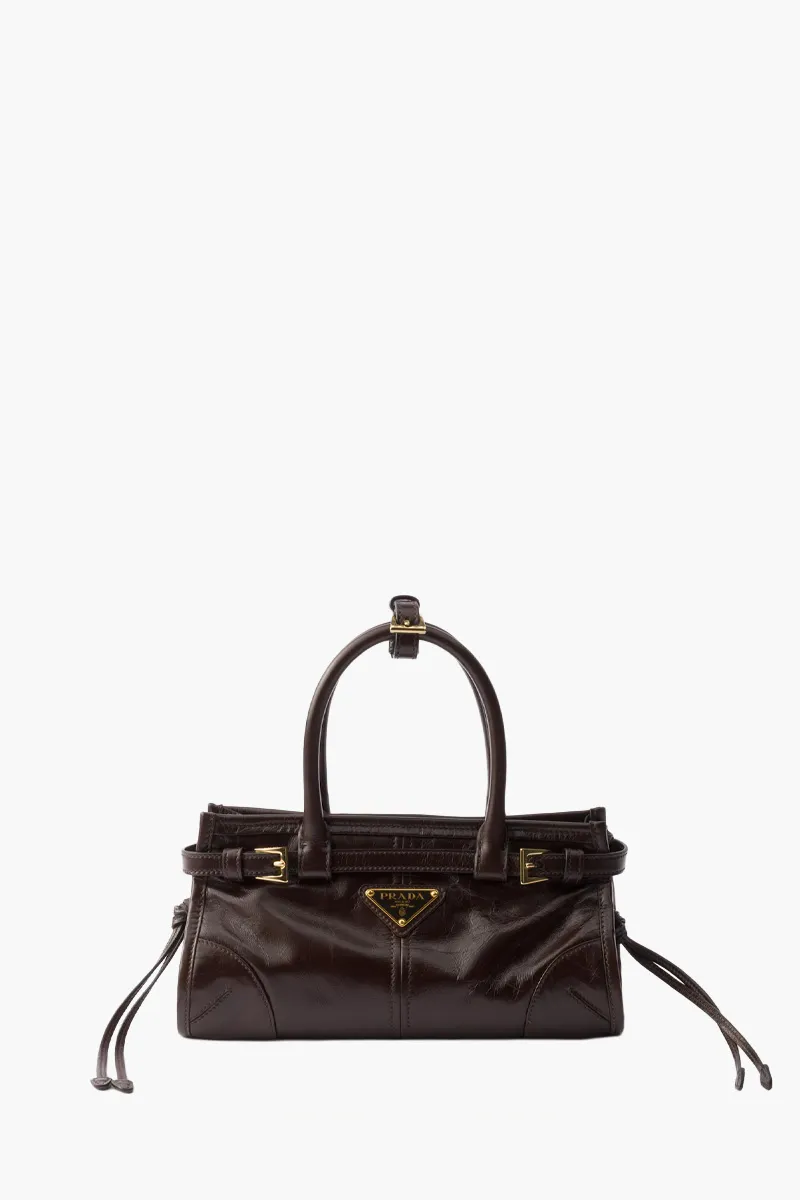 PRADA Mini Bonnie Handbag in Dark Brown Calfskin with Detachable Shoulder Strap 0