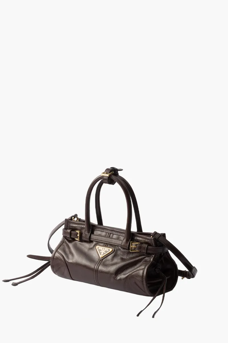 PRADA Mini Bonnie Handbag in Dark Brown Calfskin with Detachable Shoulder Strap 1