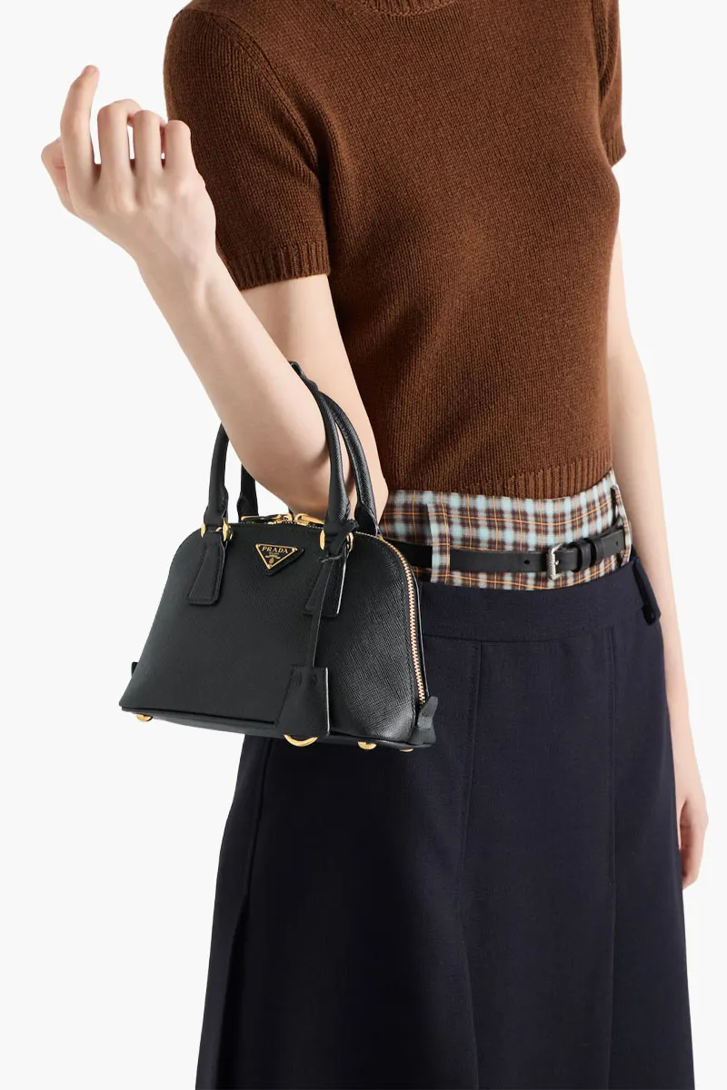 PRADA Mini Promenade Top Handle Bag in Black Saffiano Leather with Detachable Strap 3