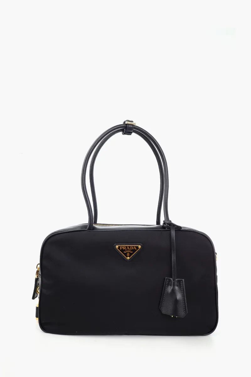 PRADA Medium Enameled Metal Triangle Top-Handle Bag in Black Re-Nylon x Leather with Padlock 0
