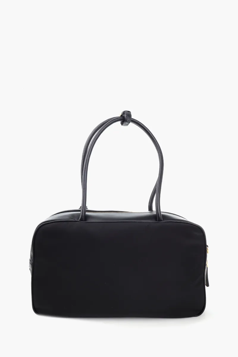PRADA Medium Enameled Metal Triangle Top-Handle Bag in Black Re-Nylon x Leather with Padlock 2