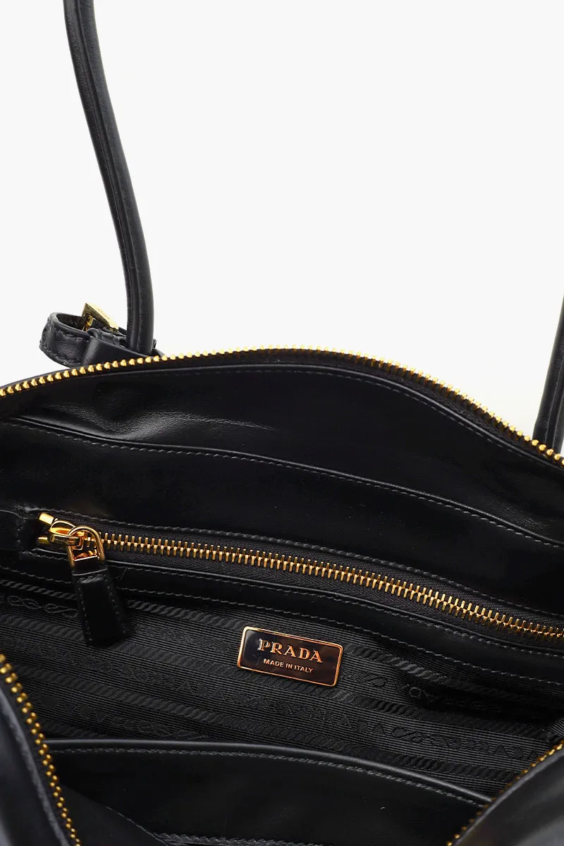 PRADA Medium Enameled Metal Triangle Top-Handle Bag in Black Re-Nylon x Leather with Padlock 3