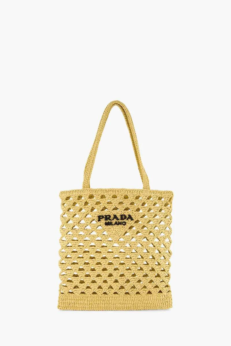 PRADA Embroidered Lettering Logo Tote Crochet Tote Bag in Natural Raffia-effect Yarn Viscose 0