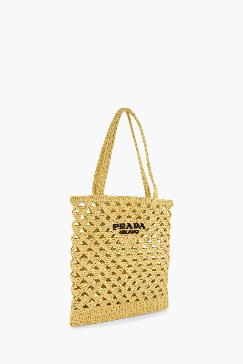 PRADA Embroidered Lettering Logo Tote Crochet Tote Bag in Natural Raffia-effect Yarn Viscose 1
