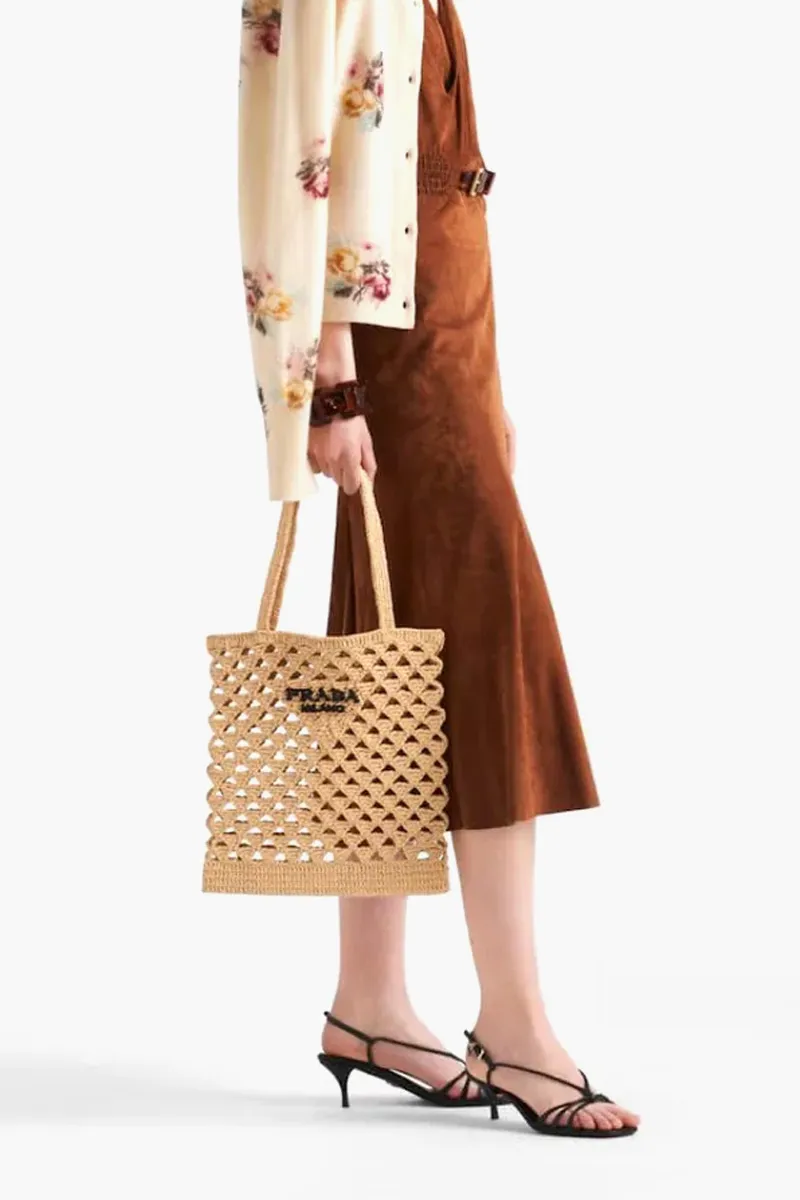 PRADA Embroidered Lettering Logo Tote Crochet Tote Bag in Natural Raffia-effect Yarn Viscose 3