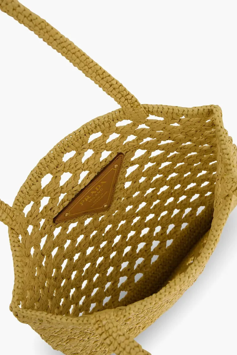 PRADA Embroidered Lettering Logo Tote Crochet Tote Bag in Natural Raffia-effect Yarn Viscose 4