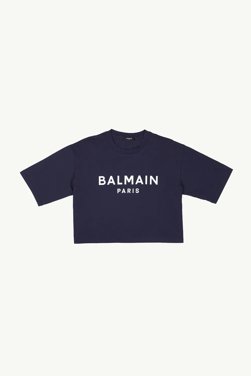 BALMAIN Women Balmain Paris Flocked Logo Cropped T-Shirt in Navy/White Eco-Designed Cotton 0
