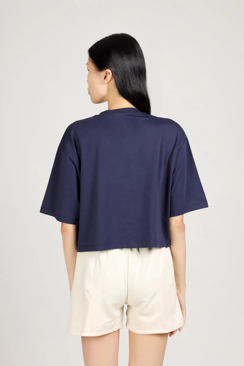 BALMAIN Women Balmain Paris Flocked Logo Cropped T-Shirt in Navy/White Eco-Designed Cotton 2