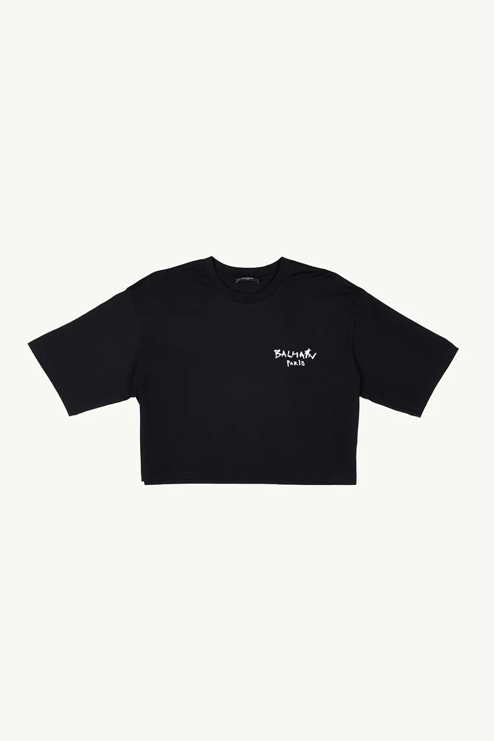 BALMAIN Women Graffiti Balmain Paris Small Flocked Logo Cropped T-Shirt in Black/White 0
