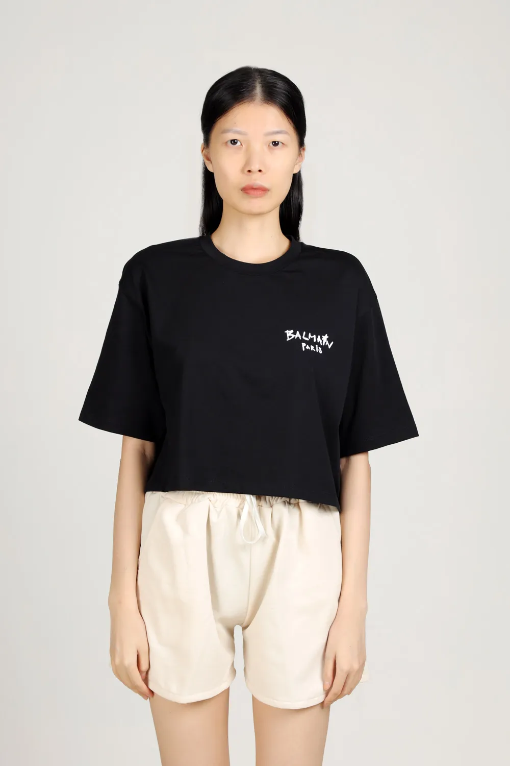 BALMAIN Women Graffiti Balmain Paris Small Flocked Logo Cropped T-Shirt in Black/White 1