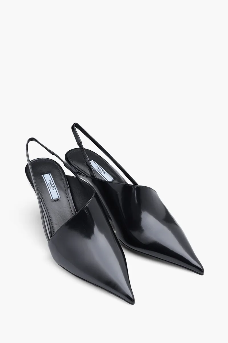 PRADA Women Asymmetrical Slingback Pumps 65mm in Black Brushed Leather 1
