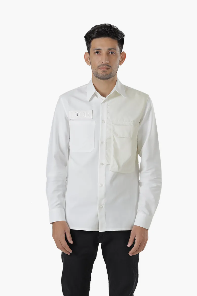CHRISTIAN DIOR x SACAI Overshirt in Cream Cotton Faille with Patch Logo on Chest 0