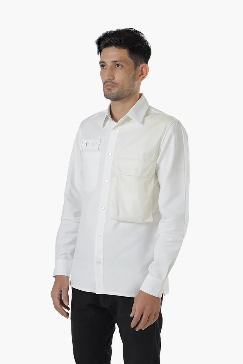 CHRISTIAN DIOR x SACAI Overshirt in Cream Cotton Faille with Patch Logo on Chest 2